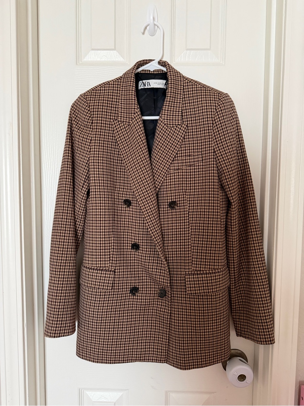 Zara Brown & Black Houndstooth Double-Breasted Blazer